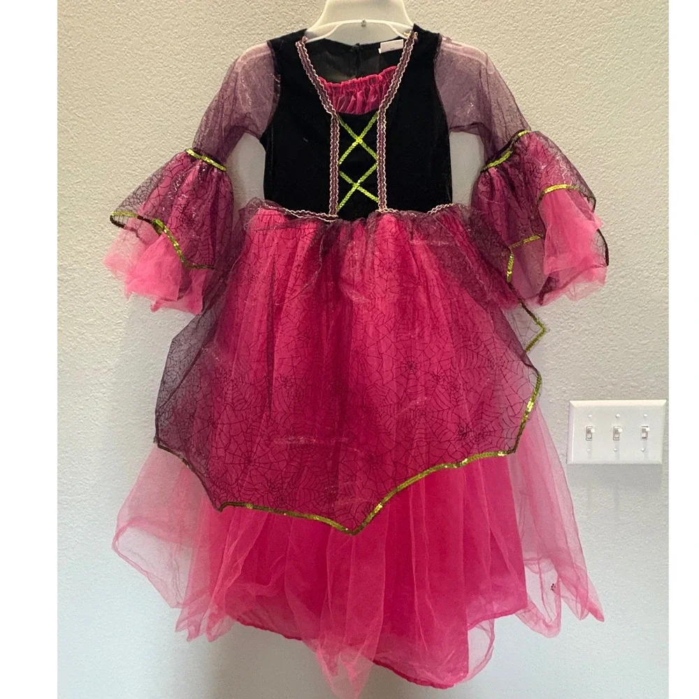 Kids Pink Black Witch Costume Spiderweb Bell Sleeve Tulle Dress 6/8Y